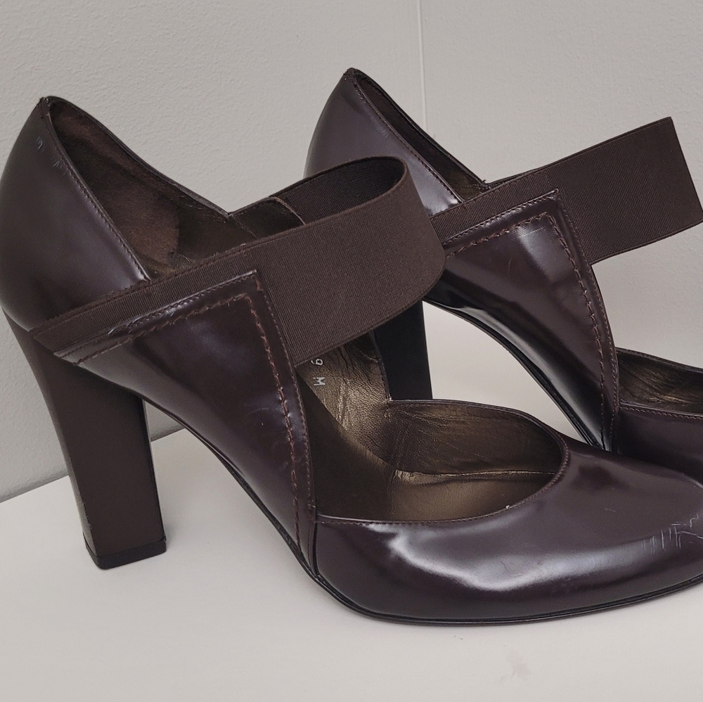 Stuart Weitzman Patent Leather Brown Mary Jane Heels With Strap Block Heel